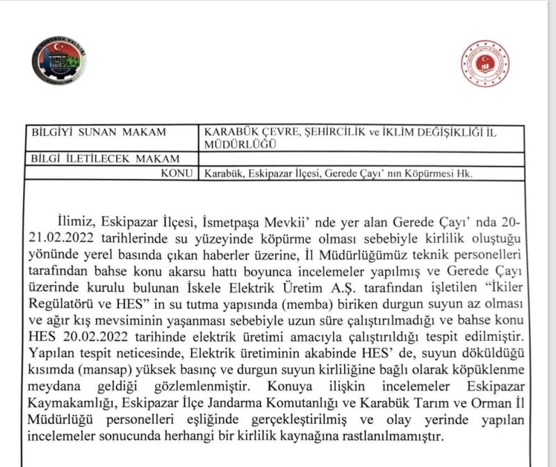 AKBAŞ ÇAYINDAKİ KÖPÜK HAKKINDA AÇIKLAMA